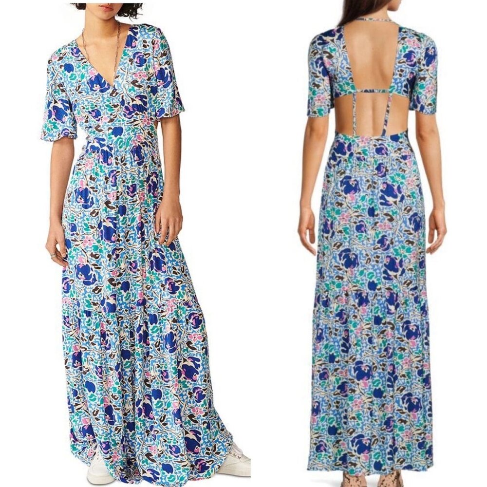 Ba&sh Maxi Dress Large 8 Blue Floral Cutout Feminine Party Flowy Holiday Cruise